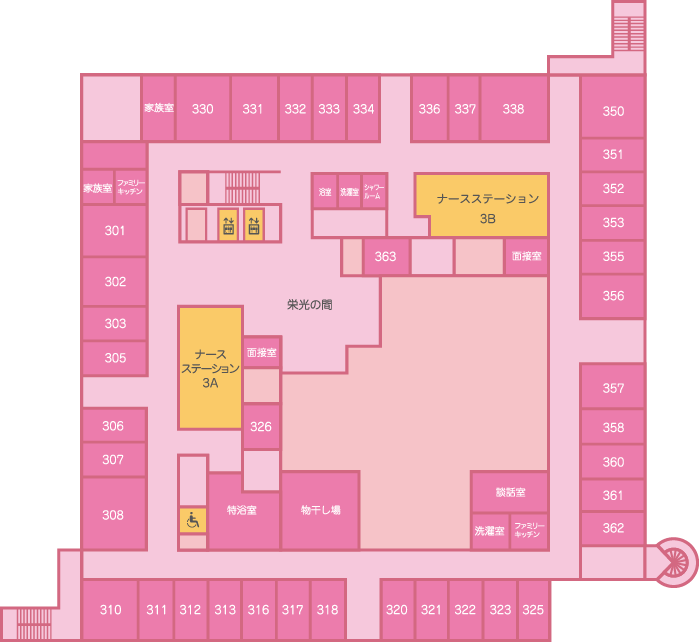 【本館フロアマップ】3F　3A・3B病棟  ホスピスケア 緩和ケア病棟